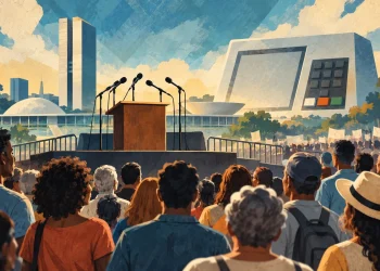 Ilustração editorial gerada por IA sobre presidenciáveis distribuem campanha entre ruas, entrevistas e debate
