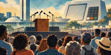 Ilustração editorial gerada por IA sobre presidenciáveis distribuem campanha entre ruas, entrevistas e debate
