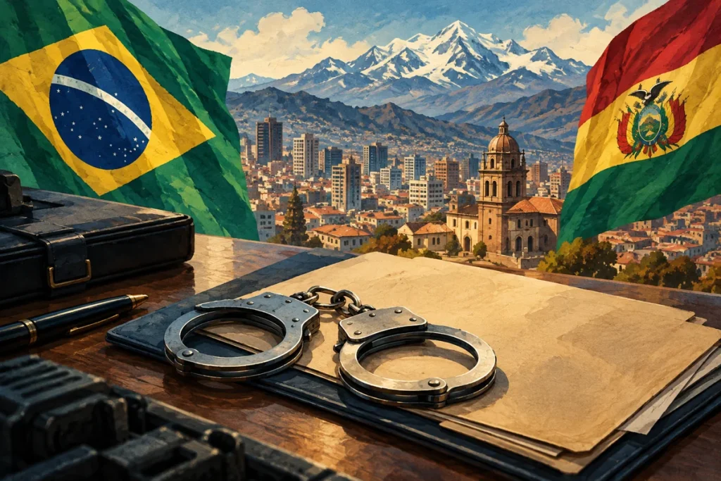 Ilustração editorial gerada por IA sobre apontado como liderança do pcc, betinho da baixada é preso na bolívia