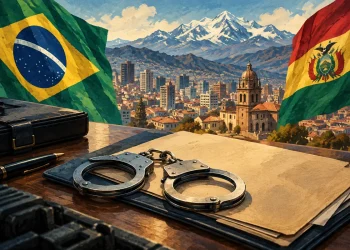 Ilustração editorial gerada por IA sobre apontado como liderança do pcc, betinho da baixada é preso na bolívia