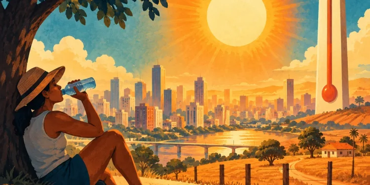 Ilustração editorial gerada por IA sobre inmet emite alerta vermelho para onda de calor até quarta-feira