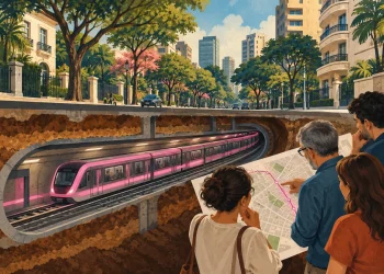 Ilustração editorial gerada por IA sobre linha 20–rosa: traçado pelos jardins opõe moradores e metrô