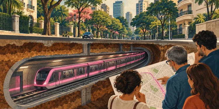 Ilustração editorial gerada por IA sobre linha 20–rosa: traçado pelos jardins opõe moradores e metrô