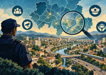 Ilustração editorial gerada por IA sobre levantamento localiza concentração de roubos e furtos no alto tietê