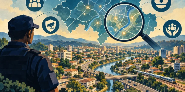 Ilustração editorial gerada por IA sobre levantamento localiza concentração de roubos e furtos no alto tietê