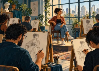 Ilustração editorial gerada por IA sobre consolação recebe encontro de desenho de observação com modelo vivo