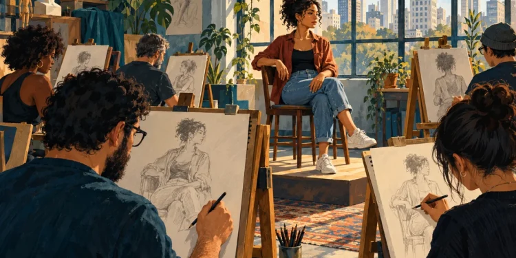 Ilustração editorial gerada por IA sobre consolação recebe encontro de desenho de observação com modelo vivo
