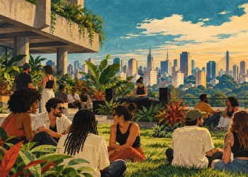 Ilustração editorial gerada por IA sobre prisma leva música e convivência ao jardim suspenso do ccsp