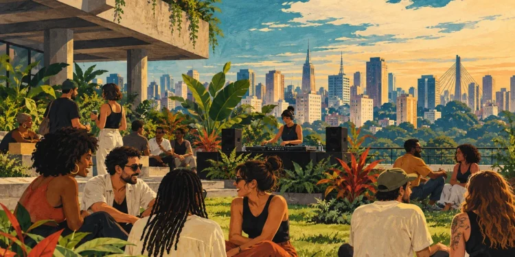 Ilustração editorial gerada por IA sobre prisma leva música e convivência ao jardim suspenso do ccsp