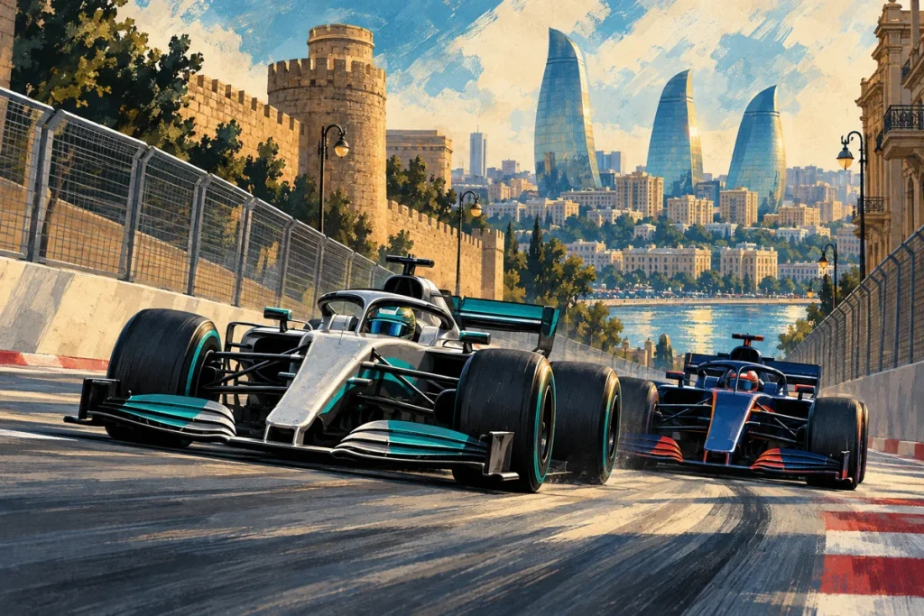 Ilustração editorial gerada por IA sobre russell segura verstappen e vence gp do azerbaijão; bortoleto é 13º