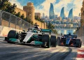 Ilustração editorial gerada por IA sobre russell segura verstappen e vence gp do azerbaijão; bortoleto é 13º