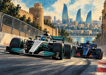 Ilustração editorial gerada por IA sobre russell segura verstappen e vence gp do azerbaijão; bortoleto é 13º