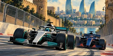 Ilustração editorial gerada por IA sobre russell segura verstappen e vence gp do azerbaijão; bortoleto é 13º