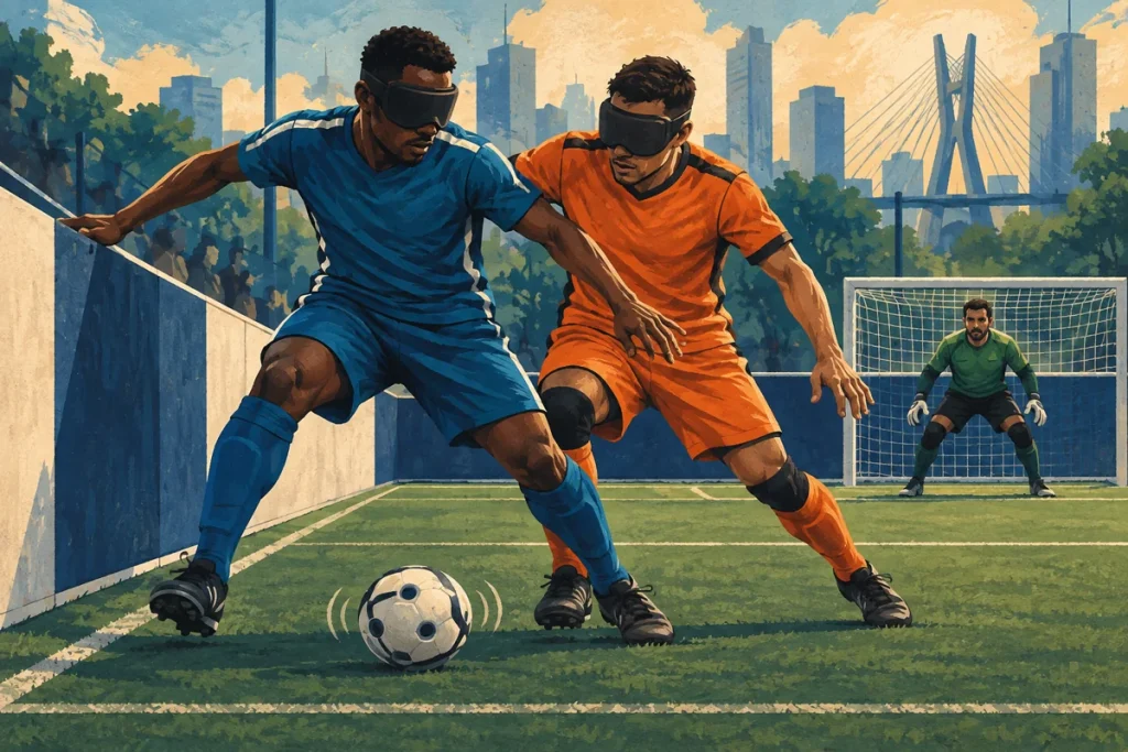 Ilustração editorial gerada por IA sobre são paulo recebe etapa decisiva da liga nacional de futebol de cegos