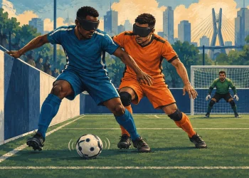Ilustração editorial gerada por IA sobre são paulo recebe etapa decisiva da liga nacional de futebol de cegos