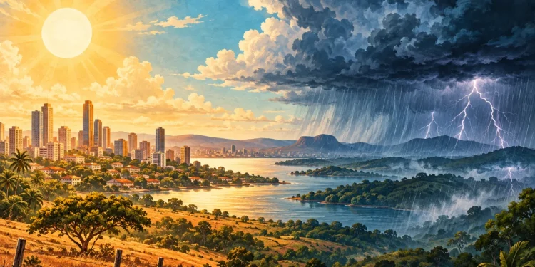 Ilustração editorial gerada por IA sobre fim de semana combina calor no centro-sul e risco de temporais em outras áreas