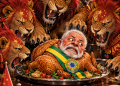 Charge editorial: leões com símbolos da China cercam uma representação caricatural de Lula como frango assado.