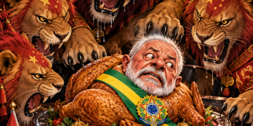 Charge editorial: leões com símbolos da China cercam uma representação caricatural de Lula como frango assado.