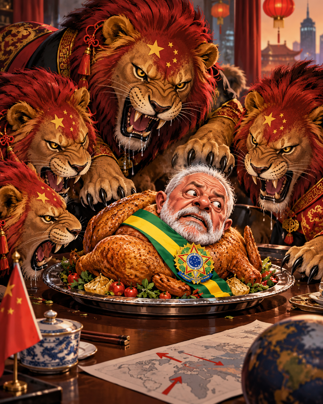 Charge editorial: leões com símbolos da China cercam caricatura de Lula como frango assado.