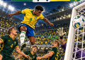Ilustração em estilo mangá e HQ do empate entre Brasil e Austrália, com gol de Rayan