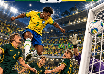 Ilustração em estilo mangá e HQ do empate entre Brasil e Austrália, com gol de Rayan
