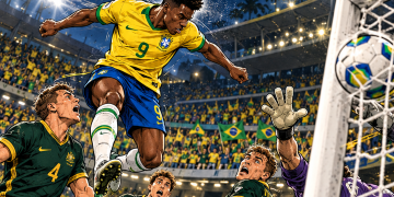 Ilustração em estilo mangá e HQ do empate entre Brasil e Austrália, com gol de Rayan