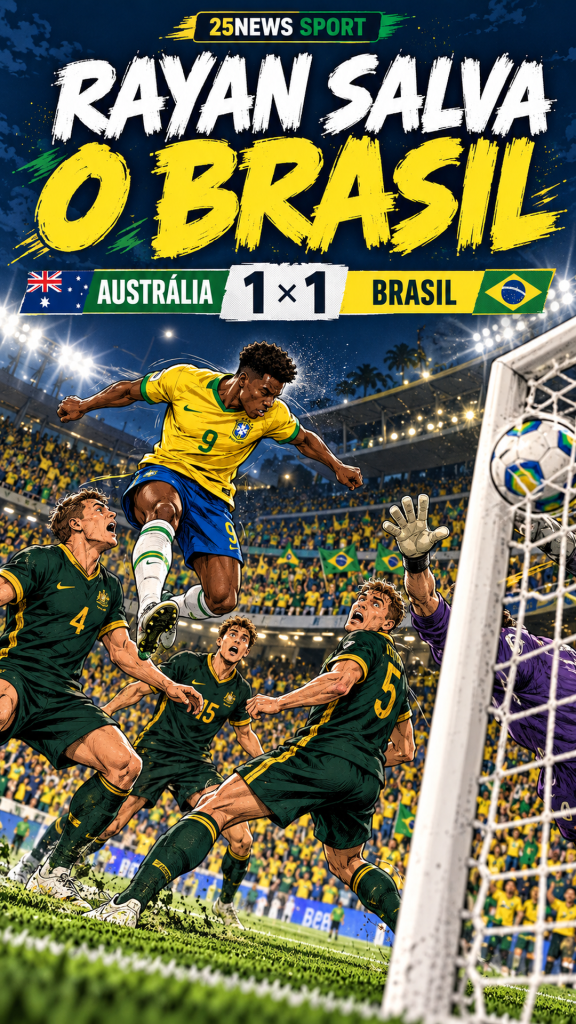 Ilustração em estilo mangá e HQ do empate entre Brasil e Austrália, com gol de Rayan