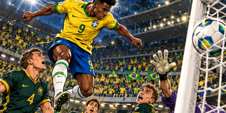 Ilustração em estilo mangá e HQ do empate entre Brasil e Austrália, com gol de Rayan