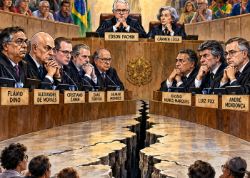 Charge editorial do STF dividido, com ministros em lados opostos e público à espera de Justiça.