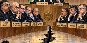 Charge editorial do STF dividido, com ministros em lados opostos e público à espera de Justiça.