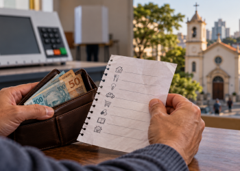 Ilustração: eleitor avalia despesas domésticas antes de votar, com igreja ao fundo