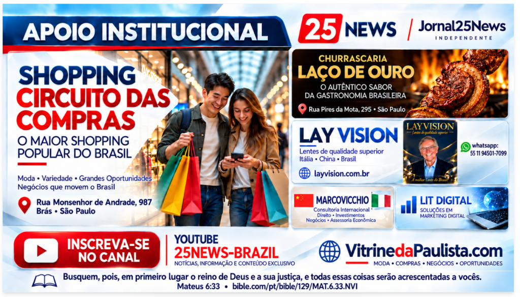 Apoio institucional do Jornal25News: Shopping Circuito das Compras, Churrascaria Laço de Ouro, Lay Vision, Marcovicchio e Lit Digital; canal 25NEWS-BRAZIL.