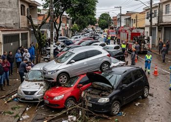 CAOS NA MADRUGADA: ENXURRADA ARRASTA E EMPILHA CARROS EM SP