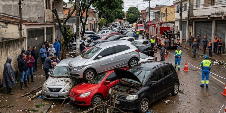 CAOS NA MADRUGADA: ENXURRADA ARRASTA E EMPILHA CARROS EM SP