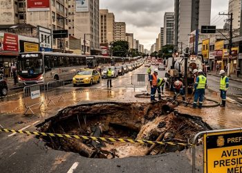 CRATERA DA NEGLIGÊNCIA: ADUTORA ROMPE E TRAVA AVENIDA EM SP