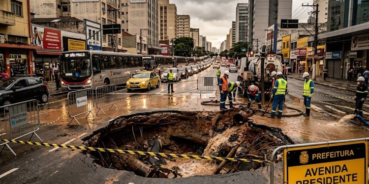 CRATERA DA NEGLIGÊNCIA: ADUTORA ROMPE E TRAVA AVENIDA EM SP