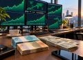 Monitores com gráficos de alta e cédulas de real e dólar em mesa de operações
