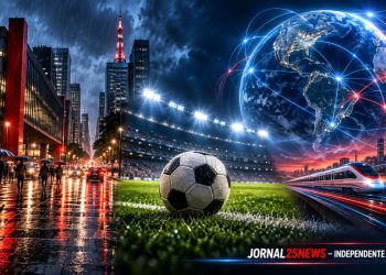 Ilustração: Avenida Paulista na chuva, bola de futebol em estádio e globo terrestre com trem de alta velocidade