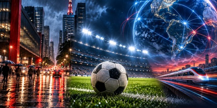 Ilustração: Avenida Paulista na chuva, bola de futebol em estádio e globo terrestre com trem de alta velocidade