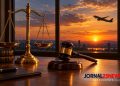 Balança da Justiça e martelo de juiz diante de janela com avião ao entardecer