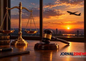 Balança da Justiça e martelo de juiz diante de janela com avião ao entardecer