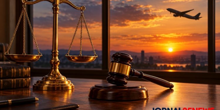 Balança da Justiça e martelo de juiz diante de janela com avião ao entardecer