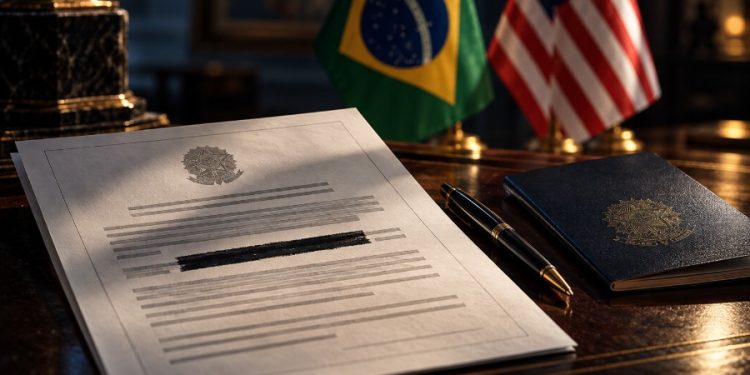 Carta oficial sobre a mesa com passaporte e bandeiras do Brasil e dos EUA