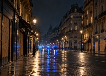 Rua de Paris à noite com policiamento durante toque de recolher