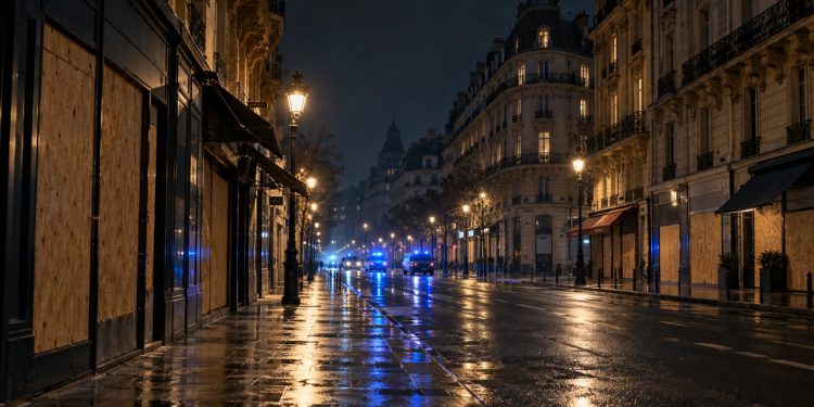 Rua de Paris à noite com policiamento durante toque de recolher