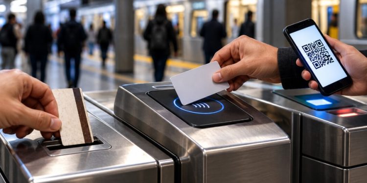 Ilustração: bilhete magnético e catraca do metrô