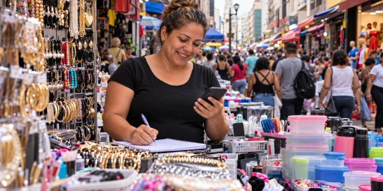 Microempreendedora confere as contas em sua banca no comércio popular do Centro de São Paulo
