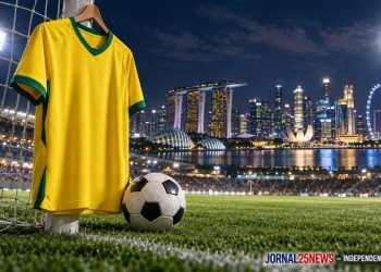 Gramado de estádio com camisa amarela e skyline de Singapura ao fundo