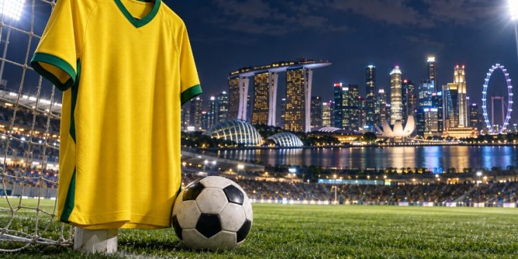 Gramado de estádio com camisa amarela e skyline de Singapura ao fundo